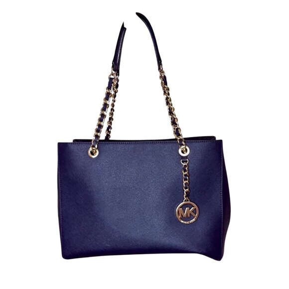 Michael Kors Navy Blue Susannah Leather Tote Bag - Picture 1 of 9